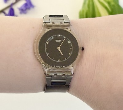 Vintage 1990s Swatch Ultra-Fine Skin Pure Black Rare Retro Luxury Designer Watch