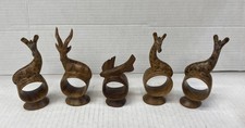 Vintage African Style Hand Carved Wooden Giraffe & Antelope & Fish Napkin Rings