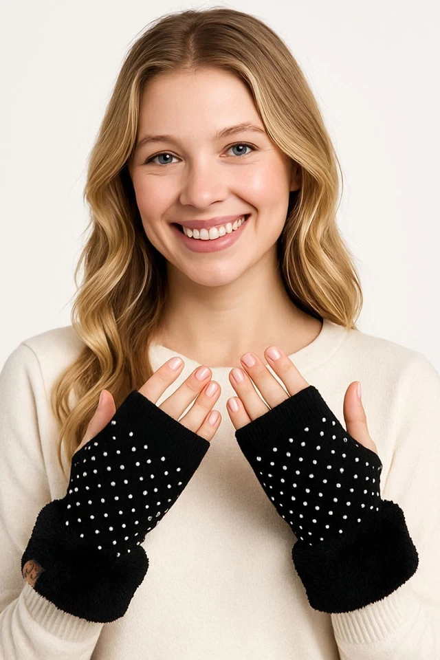 Guantes sin dedos exclusivos de invierno con estrás de color liso para mujer C.C Foto 2 de 3