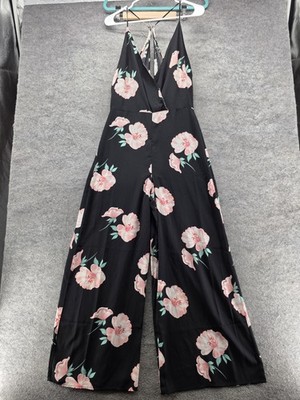 Lush Jumpsuit Womens Medium Black Pink Floral Wide Leg Strappy V Neck Tie Back