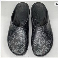 CROCS Iconic Comfort Black,Silver Floral Slip On Clog Women Water Sandals Sz 7