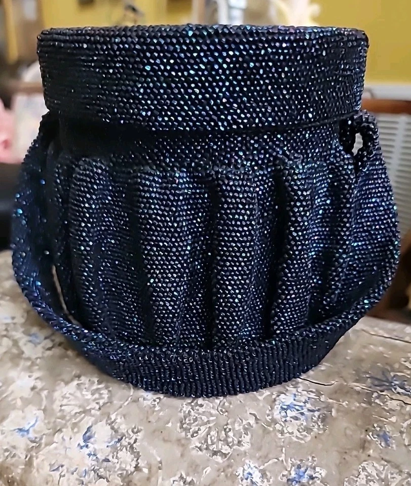 Antique Purse Beaded Box Cobalt Blue Black Carnival Tiny Beads Strap Handle 1920 - Image 2 of 4