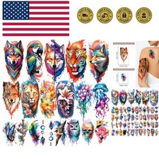 77 Sheets Temporary Tattoo, 17 Sheets Half Arm Flower Lion Tiger Cat Owl Parr...