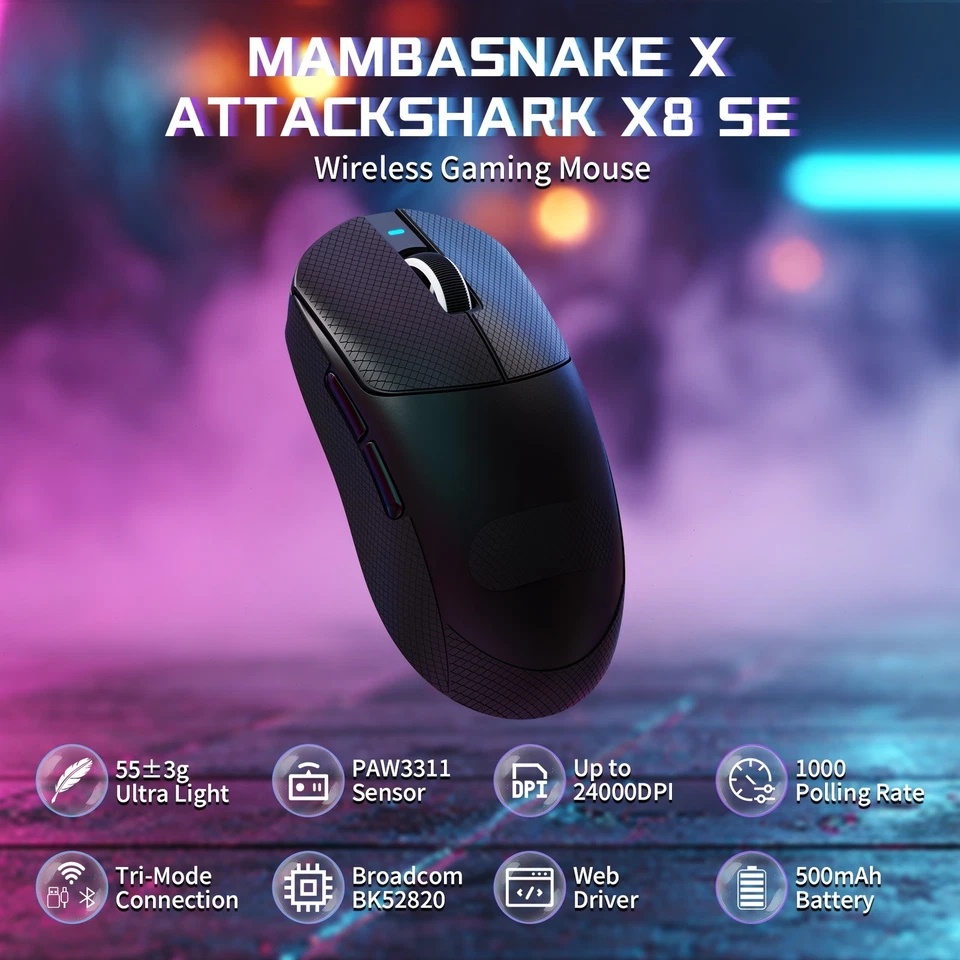 ATTACK SHARK X8SE Wireless Gaming Mouse 25K DPI PAW3311 Lightweight Tri-Modes - Image 2 of 4