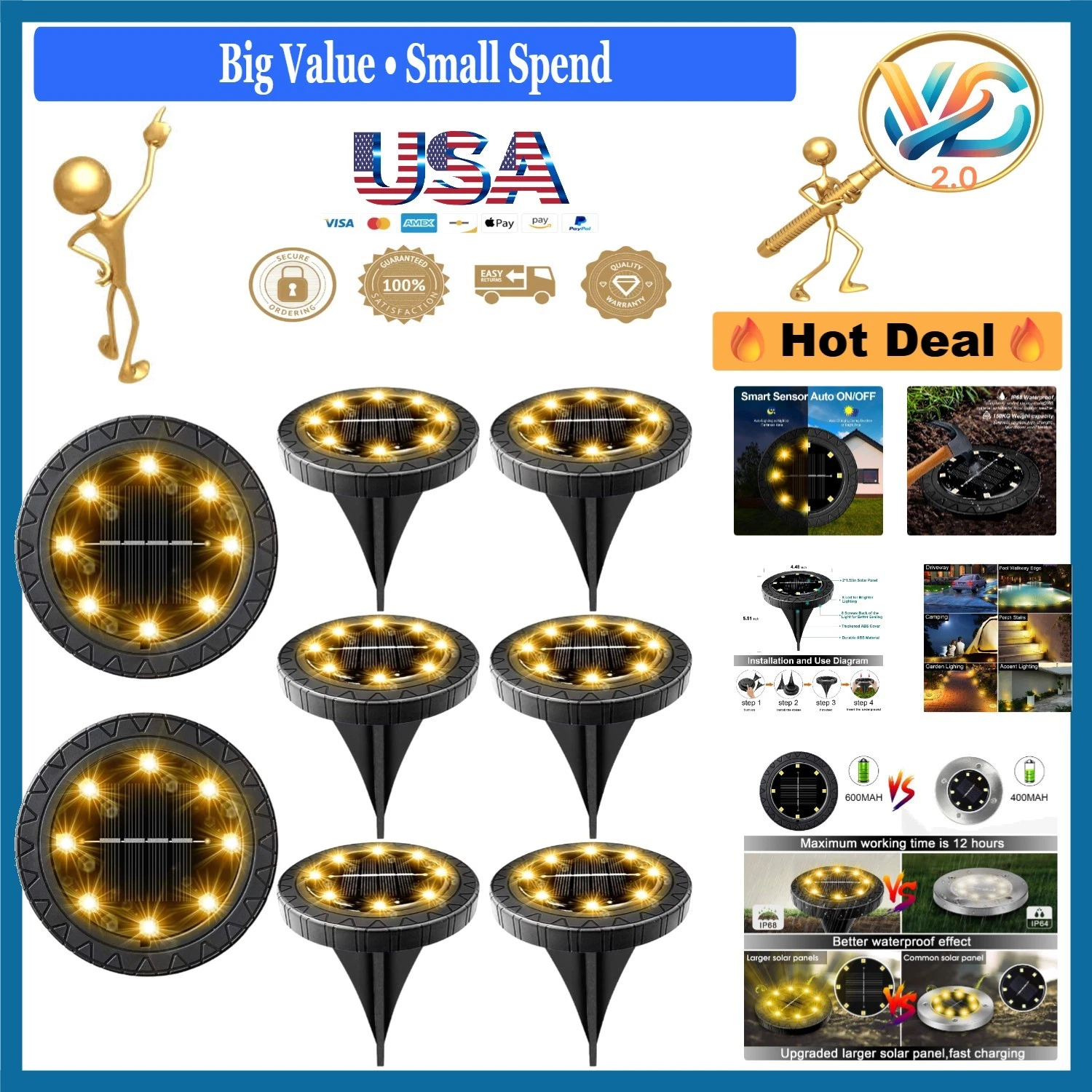 Solar Powered 8 Pack Outdoor LED Disk Lights Waterproof Pathway Yard Decor
