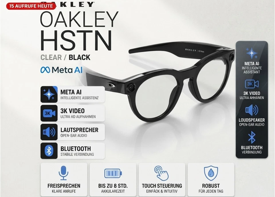 Oakley Meta HSTN KI-Brille AI Clear Schwarz Gestell OW8002-80020751 - Wie Neu - - Photo 1/1