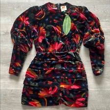 Farm Rio NWT Banana Sky Velvet Dress Tiered Mini Long Sleeve Black Floral XS