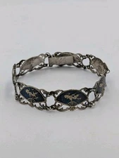 By OT Vtg Sterling Silver Siam Nielloware Dancer Fan Panel 925 Bracelet - 7.5"