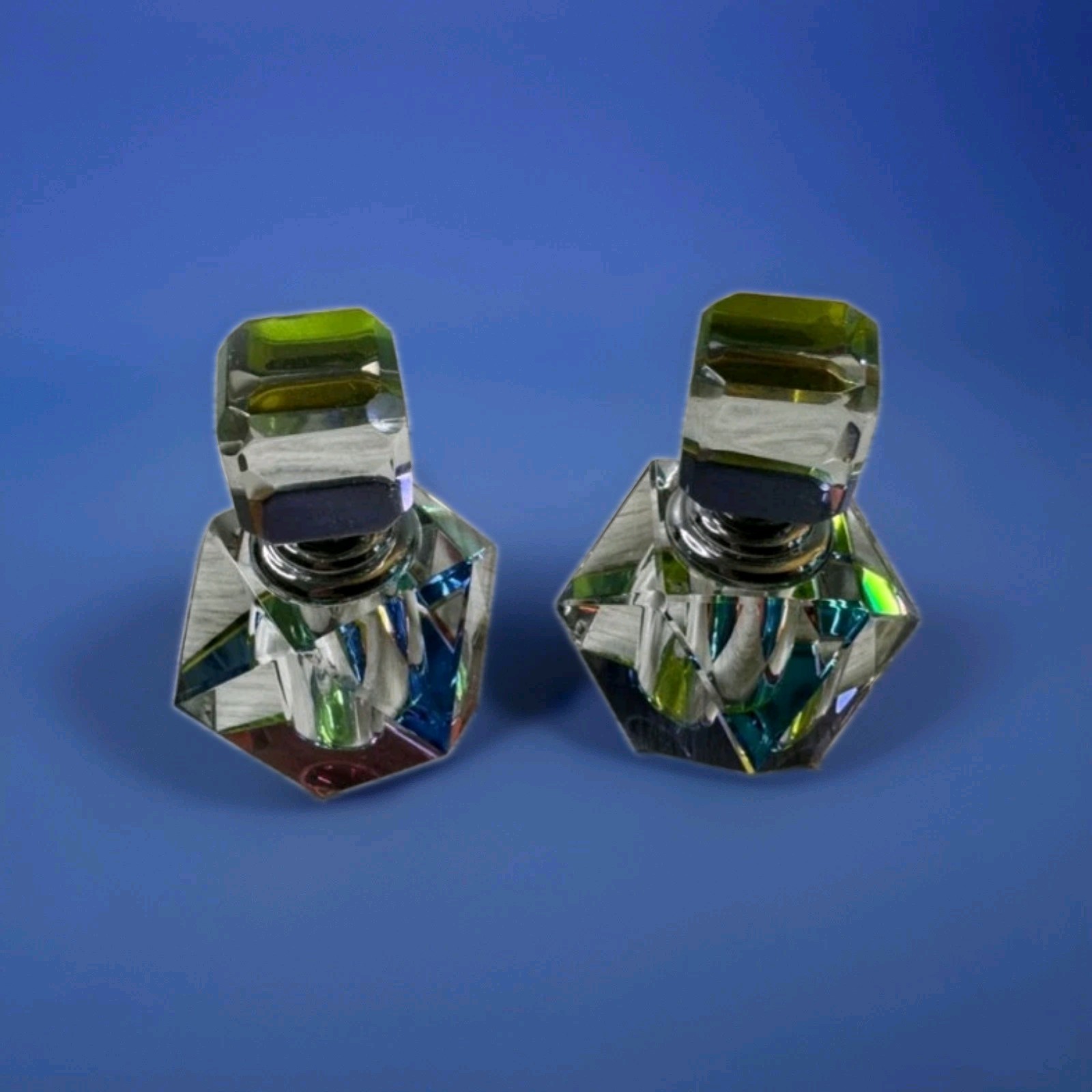 Lot of 2 Small Art Deco Iridescent Rainbow 3" Crystal Glass Perfume Bottles