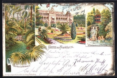 Lithographie Frankfurt-Westend, Der Palmengarten, Schweizerhaus mit Cascade 189 
