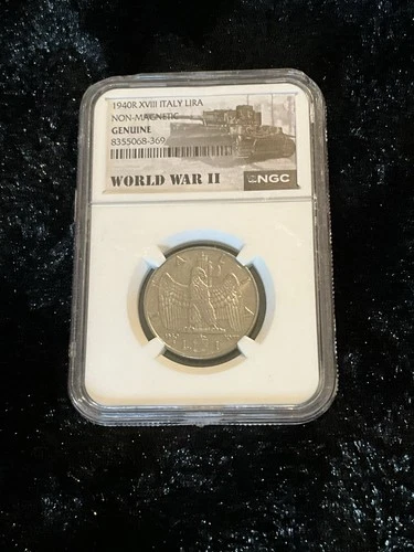 1940R XVIII ITALY LIRA NON MAGNETIC GENUINE GRADE WW2 ERA COIN NGC SLAB