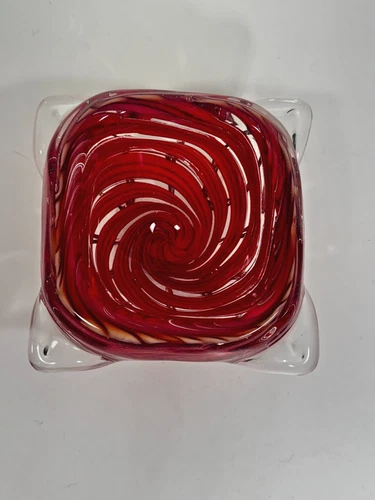 VTG Murano Art Glass Bowl Red Mezza Filigrana Spiral Italy