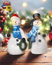Duo 5'' Resin Snowman Figurines with Lighted Christmas Tree Wreath - Christmas D