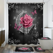 Pink and Black Shower Curtain Bathroom Sets Girls Blush Grey Gray Cute Elegan...