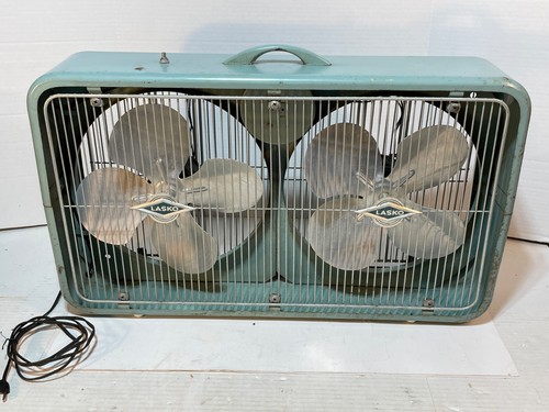 VINTAGE LASKO METAL TWIN BLADE AQUA TWO SPEED FAN W/ ALUMINUM BLADES