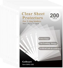 Sheet Protectors 8.5 x 11, 200 Pack Clear Plastic Page for 3 