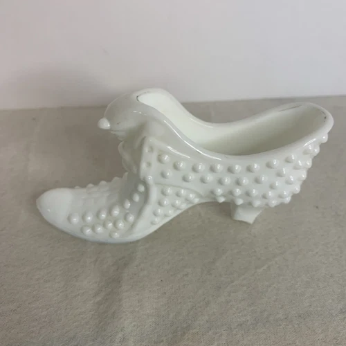 1970's Vintage Fenton Milk Glass Slipper Hobnail Hobnob Cat Head Shoe