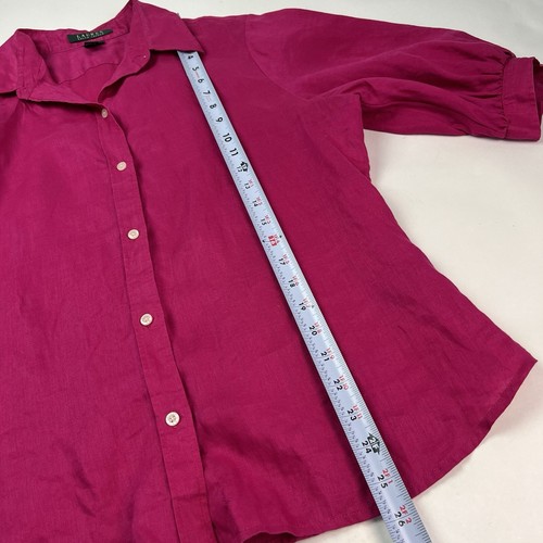 Ralph Lauren Linen Button up Top L Hot Pink Puff Sleeve Cottagecore Old Money - Picture 6 of 10