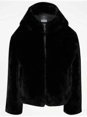 EX STORE GEORGE GIRLS BLACK FAUX FUR HOODED JACKET WITH POCKETS AGE 11-16 YEARS