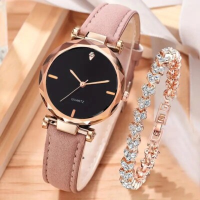 2 Pack Stylish Round Dial Quartz Watch and Rhinestone  display picture 2