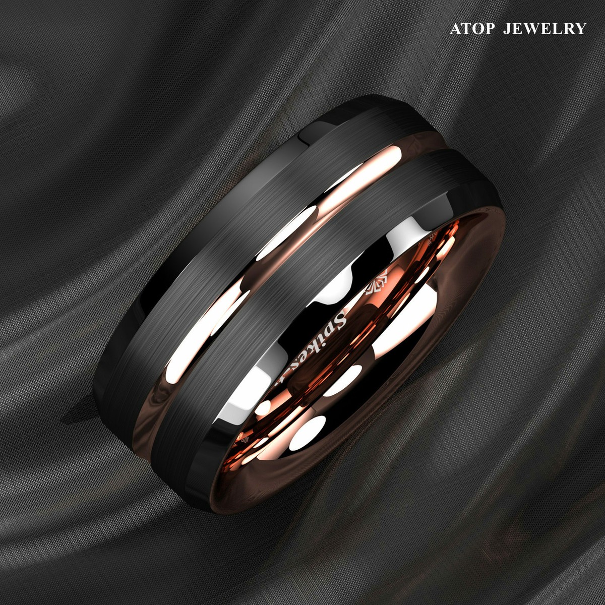 8mm Wide Brushed Black Tungsten Ring With Rose Gold Edge - Men's & Women's Wedding Band