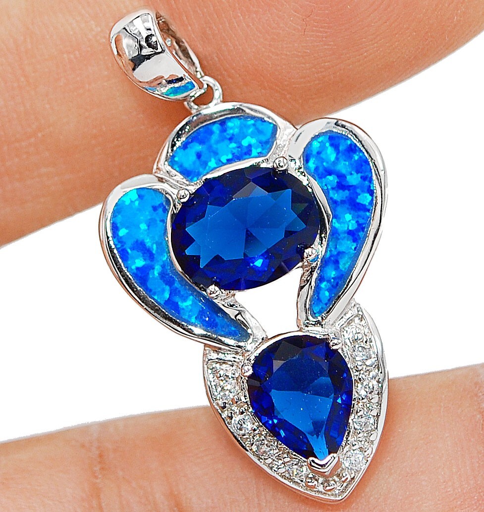 3CT Treated Blue Sapphire & Australian Opal Inlay 925 Sterling Silver Pendant