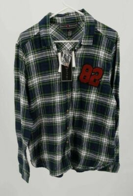 Polly & Esther ''82'' Patch Green Plaid Button Down Juniors Size Large
