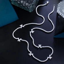 Silver Plated Cubic Zirconia CZ Long Butterfly Sweater Necklace for Lover Brides
