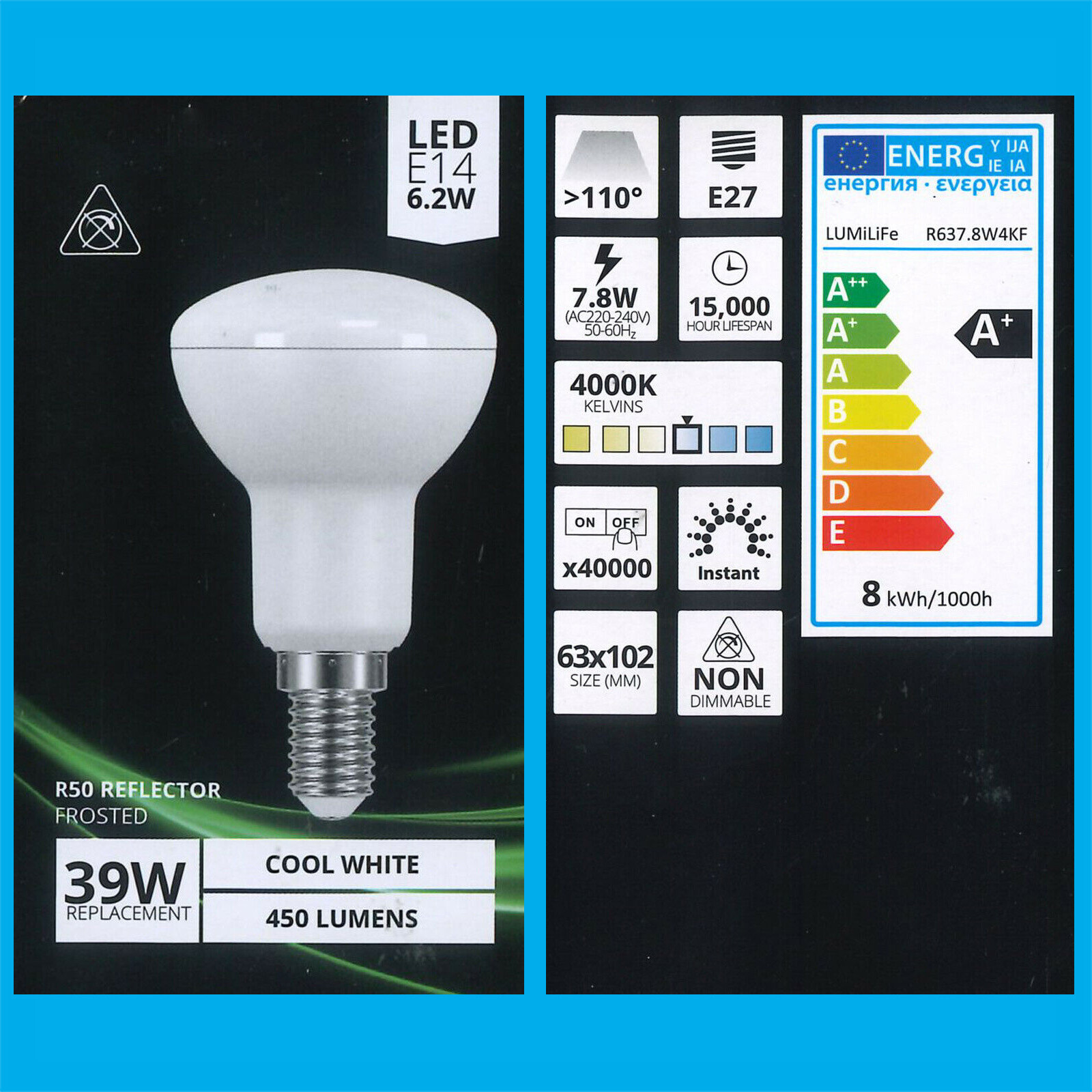 6x 6.2W LED R50 4000K Cool White Reflector Spotlight SES E14 Light