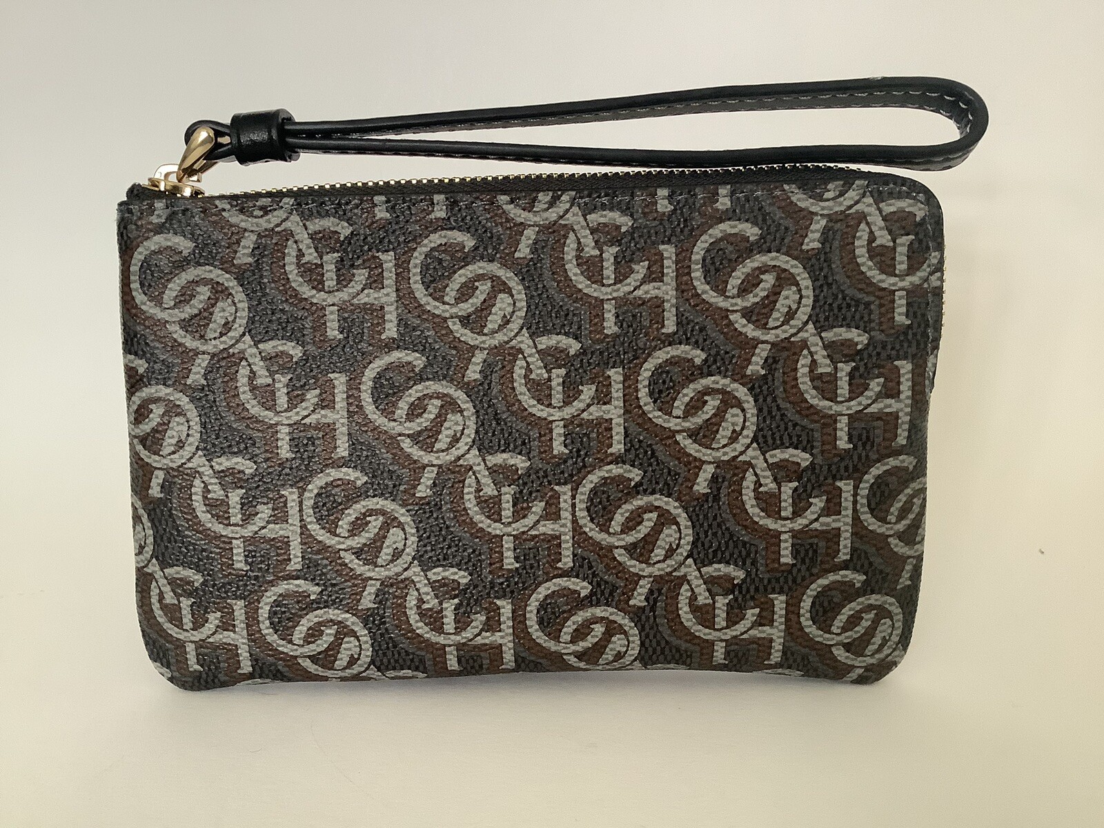 New Ladies Coach Small Black Corner Zip Wristlet With Coach Monogram Print