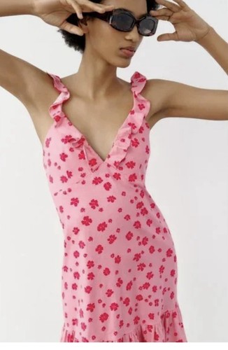 Zara Women’s Size XS Ruffle Strap Linen Midi Dress - Pink/Floral Print NWT! - Picture 3 of 9