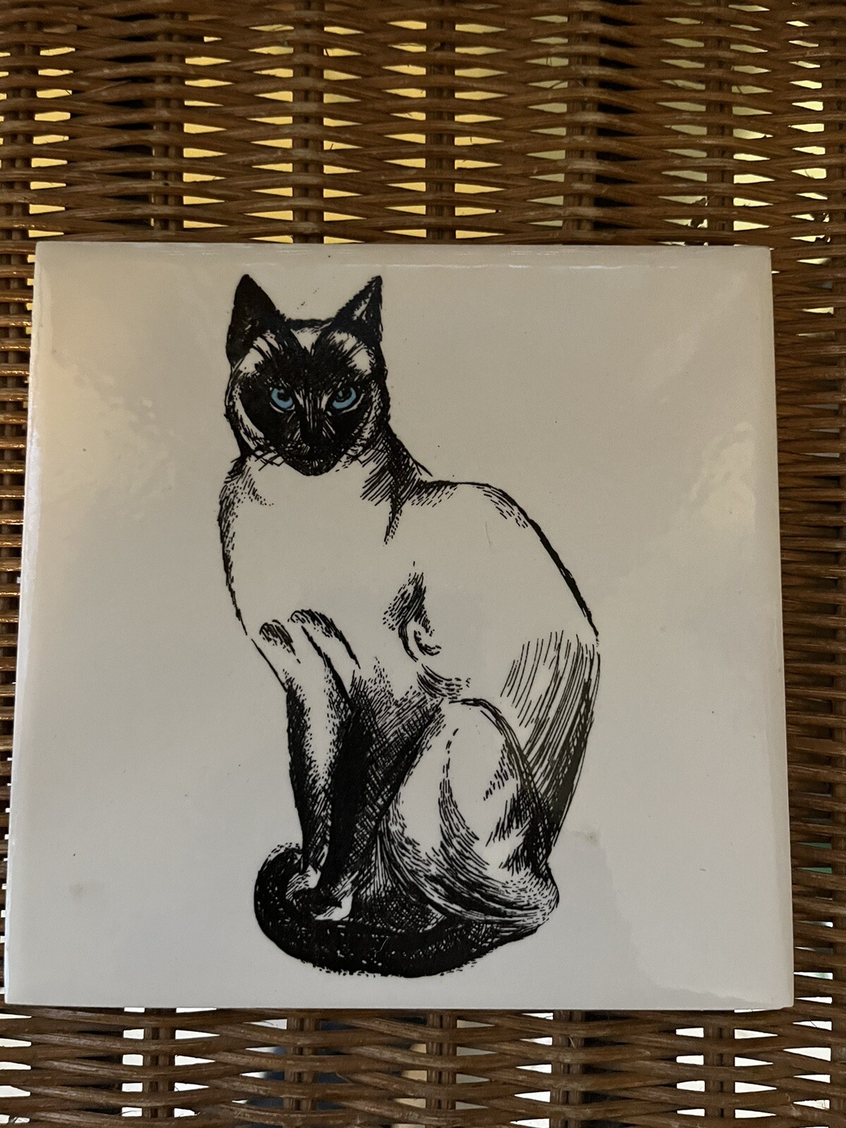 Vintage Soriano Ceramics Blue Eyed Siamese Cat Tile Black & White