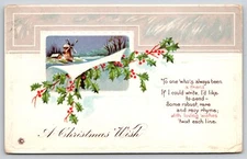 Greetings~Holly Windmill & Christmas Wish Poem~Stecher Vintage Postcard