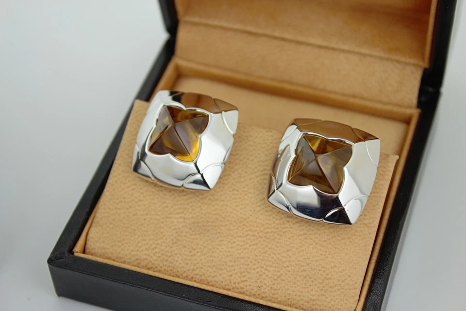 Vintage BVLGARI Pyramid 18k White Gold & Citrine Clip On Earrings - Image 3 of 4