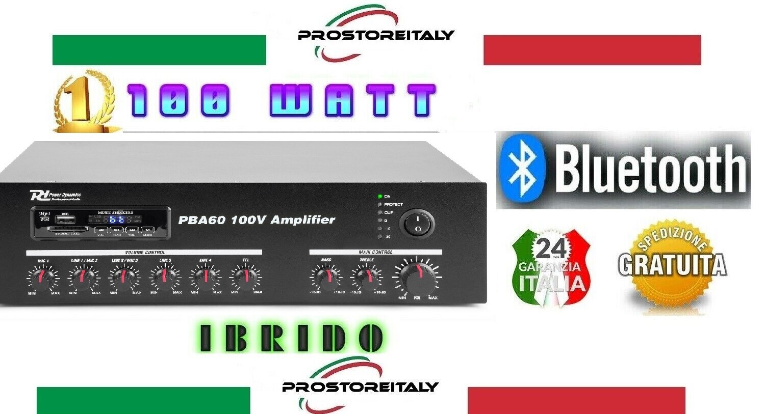 AMPLIFICATORE PBA60  100 WATT 8 OHM FILODIFFUSIONE BLUETOOTH+USB+DISPLAY