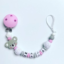 Catenella Ciuccio Fiocco Nuckelkette Beißkette Con Nome Rosa Grigio Bianco