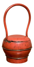 Antique Hand-Made Red Lacquer Chinese Covered Wedding Basket