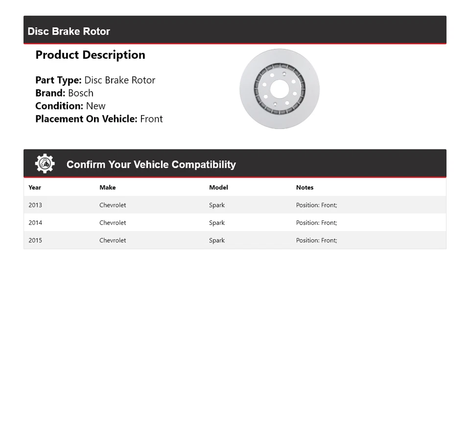 Rotor de freno de disco delantero 2014 para Chevrolet Spark Bosch QuietCast 2013-2015 Foto 2 de 4