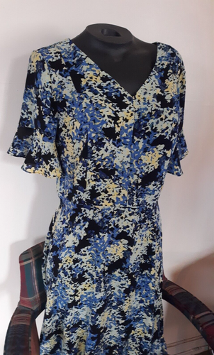 Talbots blau/schwarz bunt Blumen Kurzarm gefüttert Kleid mit Rüschenärmeln 8