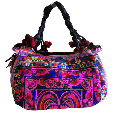 Hmong canvas big Thailand shoulder bag embroidered with pom poms