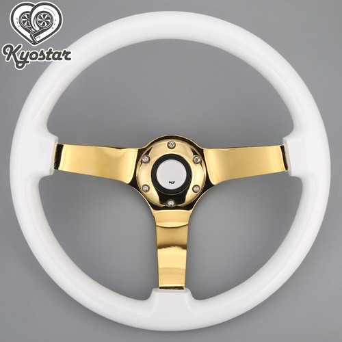 350mm White Wooden Steering Wheel Gold Spoke Universal Deep Dish Corn 14 inch - Picture 3 of 4