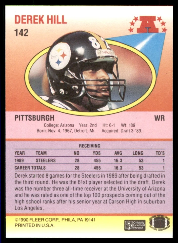 1990 Fleer Derek Hill RC Pittsburgh Steelers #142 - Image 2 of 2