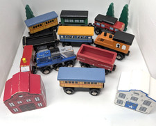 Wooden Trains Set Of 15 Fire Truck Coaches Trees Buildings Kids Pretend Play