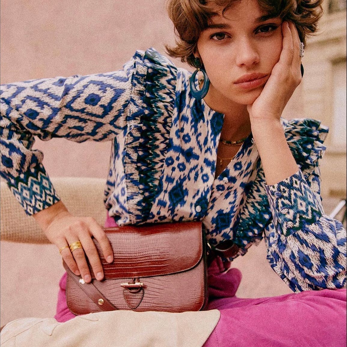 Sezane Boby Blouse Blue Ikat S 36 Women Printed Ruffle Shirt Boho Top NWT 45356