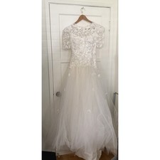 Vintage 90s Lace Beaded Appliqu  Tulle Wedding Dress Ivory White Sz 6 2 Reg 