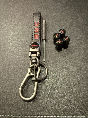 Leather Car Black Keychain Compatible GMC With 4 PCS Tire Valve Stem Caps NWT
