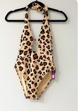 Adore Me Swimsuit One Piece XS Tie Neck Peach Leopard Adjustable Back Resort NWT