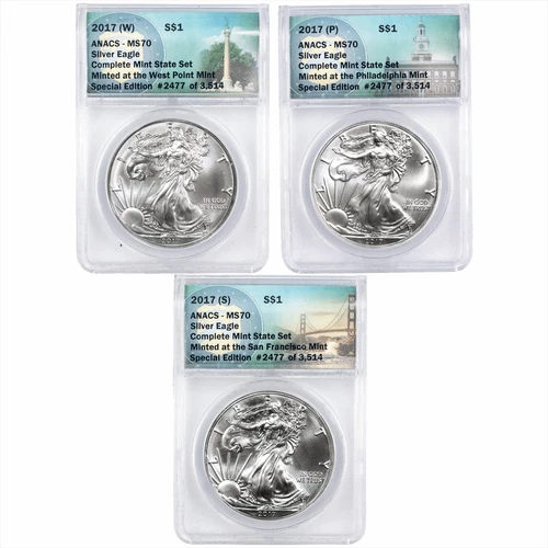 2017(P)(W)(S) American Silver Eagle $1 3 Coin Set ANACS MS 70