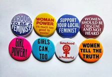 Vintage Reproduction Feminist Pinback Buttons Magnets & Bottle Openers. Set 04