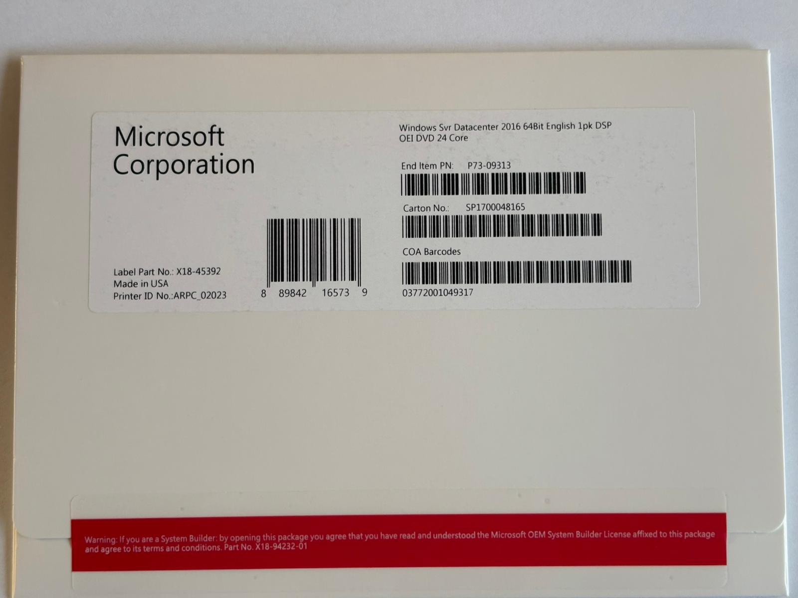 Microsoft Windows Server 2016 Datacenter 64bit 24 Core DVD -license Key